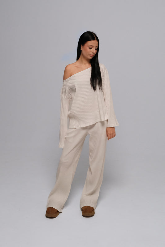 WHITE RIBBED OFF SHOULDER LONG SLEEVE